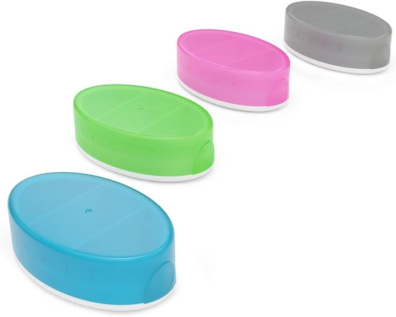 EZY DOSE Daily Oval Pill Case, Easy to Use Design, Perfect for Travel and Daily Usage for Everyday Needs, 3 Compartments, 4-Pack, BPA Free, Blue, Green, Pink and Grey