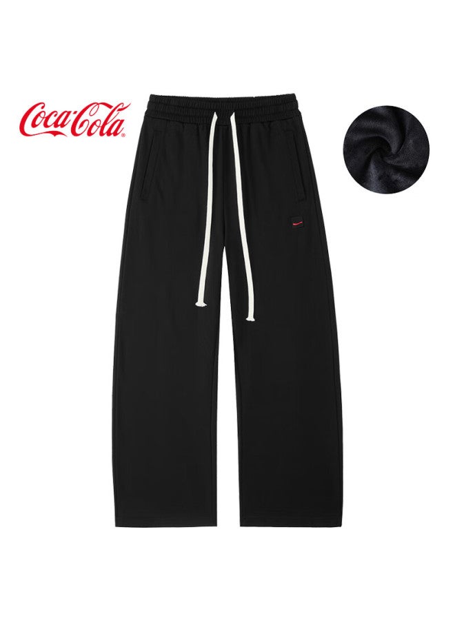 Coca-cola Men's Casual Pants Autumn Winter American Style Wide-leg Embroidered Straight-leg Sweatpants Black (fleece Lined) 2XL - Image 1