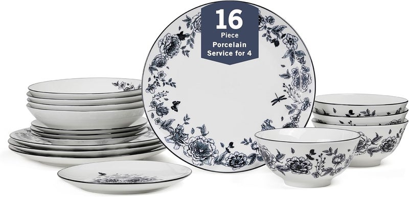 Stone Lain طقم أدوات المائدة من ستون لين إسمى 16 قطعة من الخزف أطباق وأوعية طعام لطقم مكون من 4 أوعية حبوب ومعكرونة آمنة للاستخدام في الميكروويف وغسالة الصحون باللون الأسود - Image 1