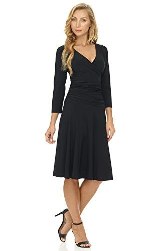 Rekucci Women's Slimming 3/4 Sleeve Fit-and-Flare Crossover Tummy Control Dress (8, Black) - Image 4