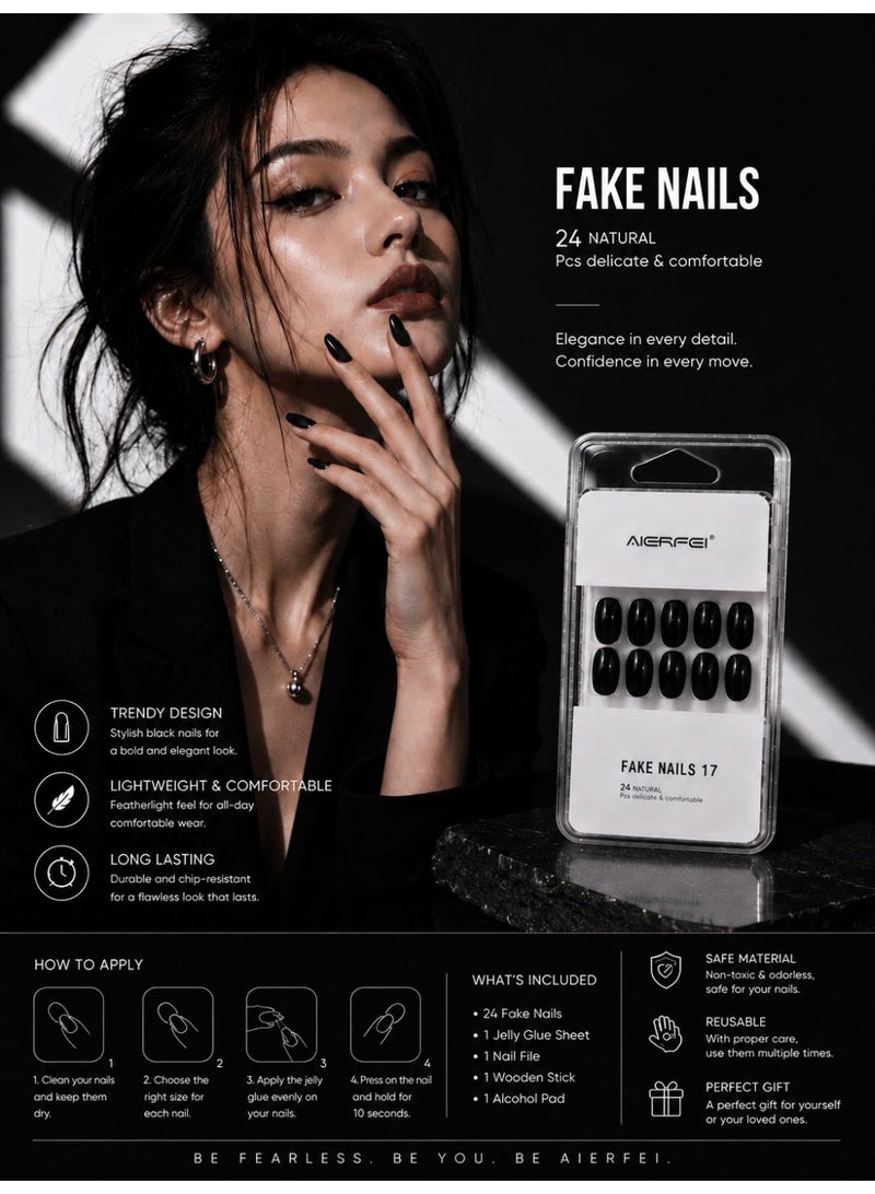 AIERFEI Premium Black Glossy Press On Nails – 24 Pcs Reusable Fake Nails Set for Women, Short Oval Full Cover Artificial Nails with Comfortable Fit for Daily Wear & Parties - Image 2