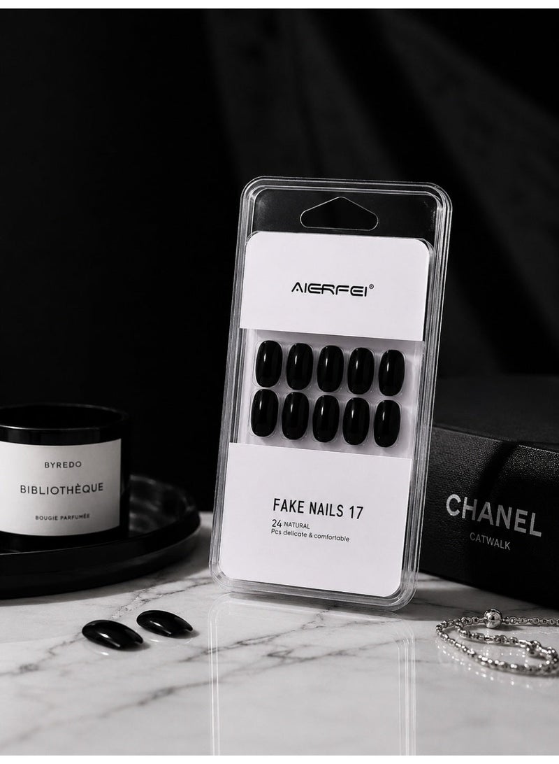 AIERFEI Premium Black Glossy Press On Nails – 24 Pcs Reusable Fake Nails Set for Women, Short Oval Full Cover Artificial Nails with Comfortable Fit for Daily Wear & Parties - Image 3
