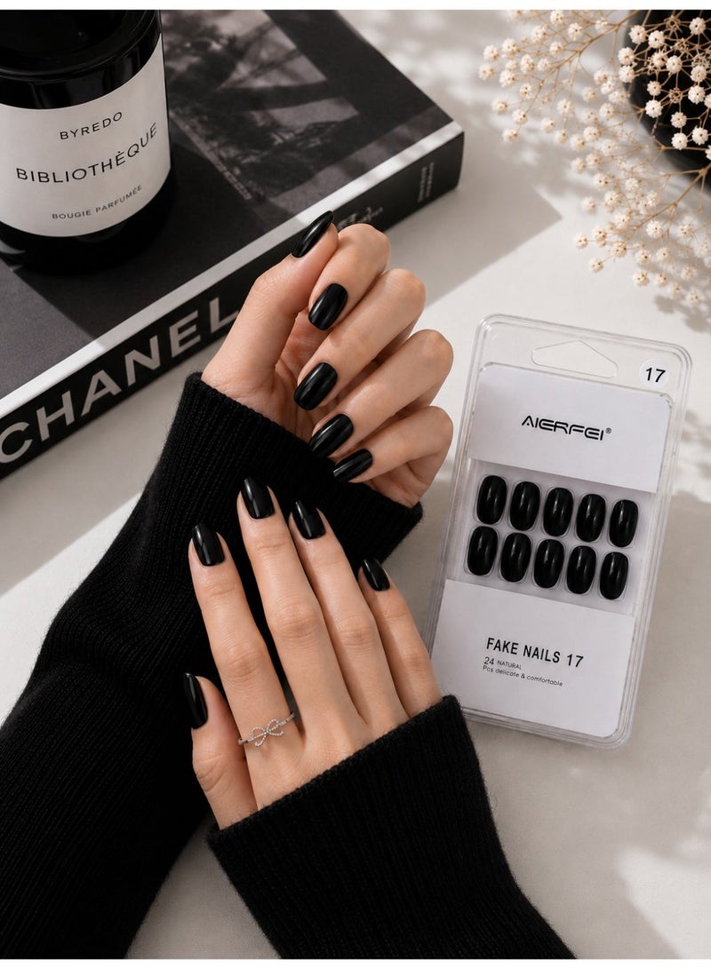 AIERFEI Premium Black Glossy Press On Nails – 24 Pcs Reusable Fake Nails Set for Women, Short Oval Full Cover Artificial Nails with Comfortable Fit for Daily Wear & Parties - Image 1