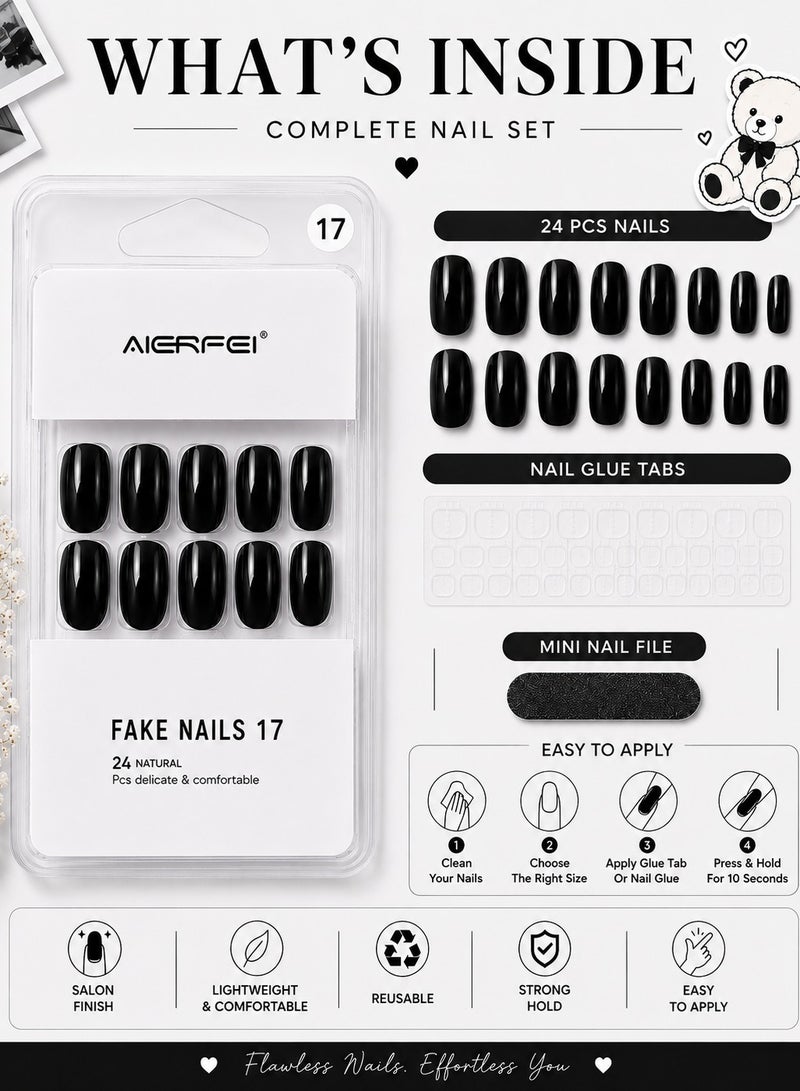 AIERFEI Premium Black Glossy Press On Nails – 24 Pcs Reusable Fake Nails Set for Women, Short Oval Full Cover Artificial Nails with Comfortable Fit for Daily Wear & Parties - Image 4