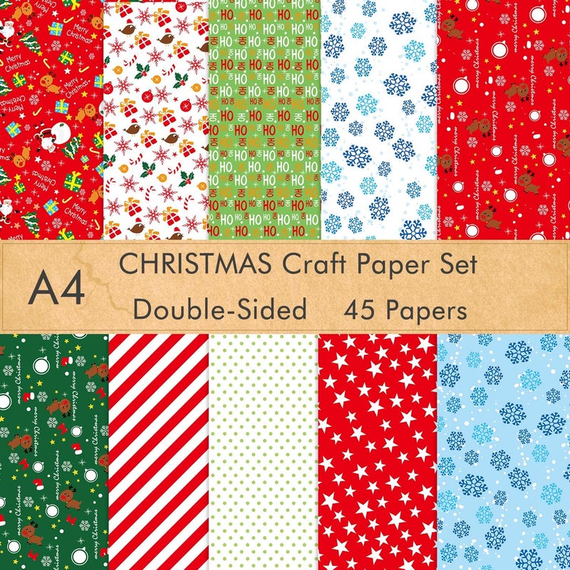 FEPITO 45 Sheets Christmas Pattern Paper Set, A4 Christmas Decorative Paper for DIY Scrapbook Card Making Decoration, 10 Designs - Image 1