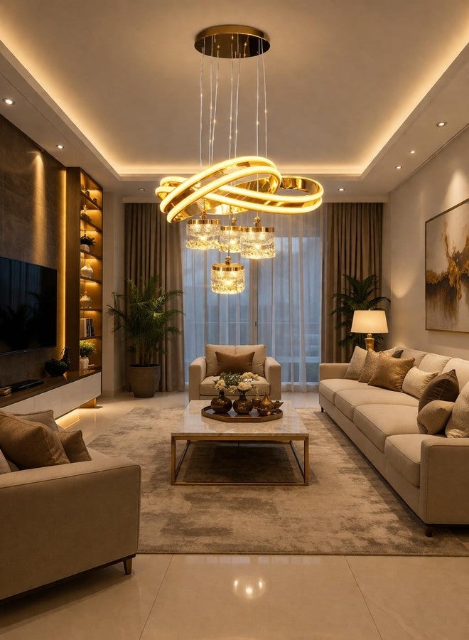GAUVIK Modern Premium Curved LED Gold Finish with 3 Different Color Mode (Warm White, Cool White, Neutral White) Chandelier with Height Adjustable Hanging for Bedroom, Living, Dining, Etc - Image 3