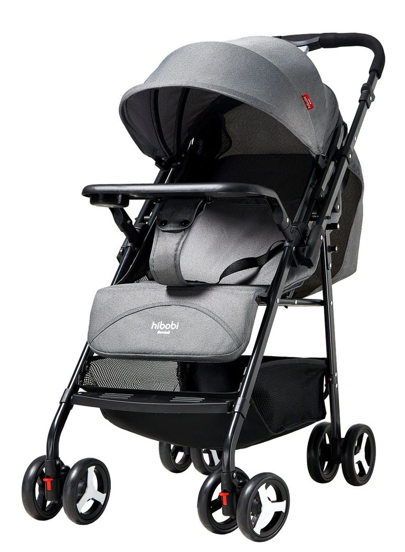 عربة أطفال اتجاهين رمادية، قابلة للطي بيد واحدة، حزام أمان بخمس نقاط، تعديل مقعد بثلاث وضعيات، فرامل خلفية وامتصاص صدمات أمامي، سلة تخزين كبيرة – عربة اطفال خفيفة للسفر مناسبة للمواليد والأطفال الصغار