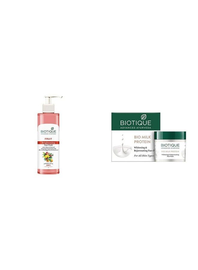 Biotique Bio White Advanced Fairness Face Wash 200 Ml And Bio Milk Protein Whitening & Rejuvenating Face Pack For All Skin Types 50G (Pack Of 2) - Image 1
