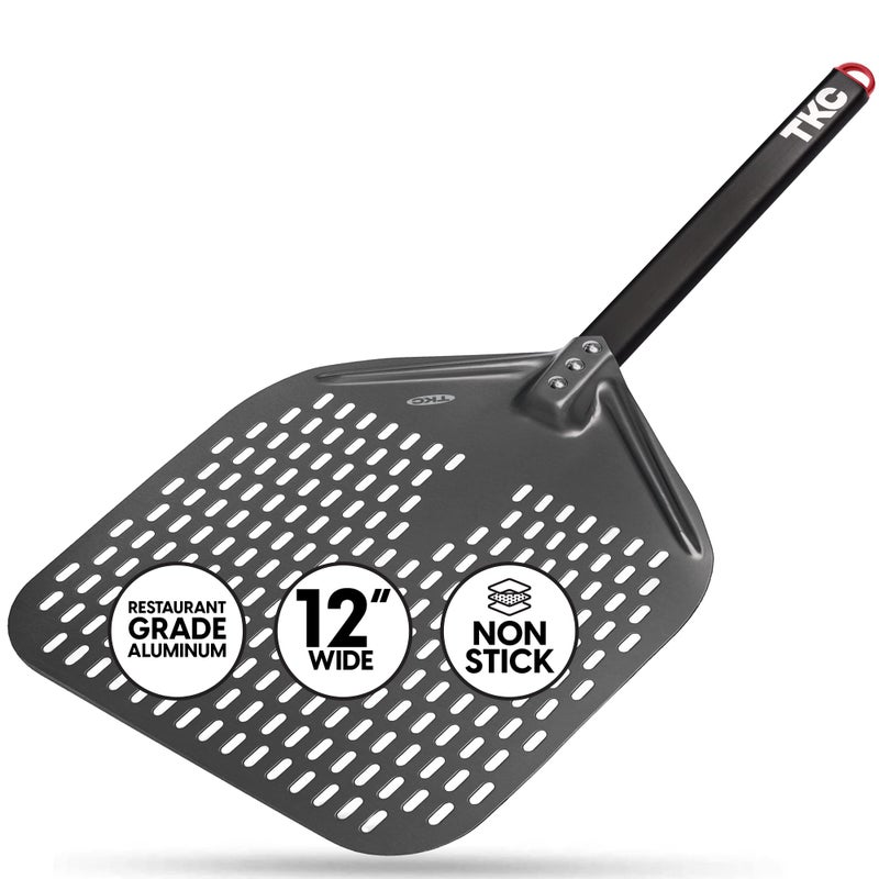 TKC Perforated Pizza Peel  12 Metal Pizza Turner compatible with Ooni Ovens Indoor  Outdoor Use Durable and HeatResistant Handle Lightweight Pizza Spatula Black