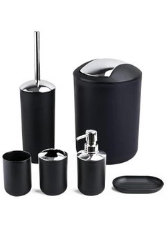 Bathroom Accessories Set with Tray, 6 Piece Plastic Gift Bath Set with Trash Can, Toilet Brush, Soap Dispenser, Soap Dish, Lotion Set Tumbler Cup (Black)