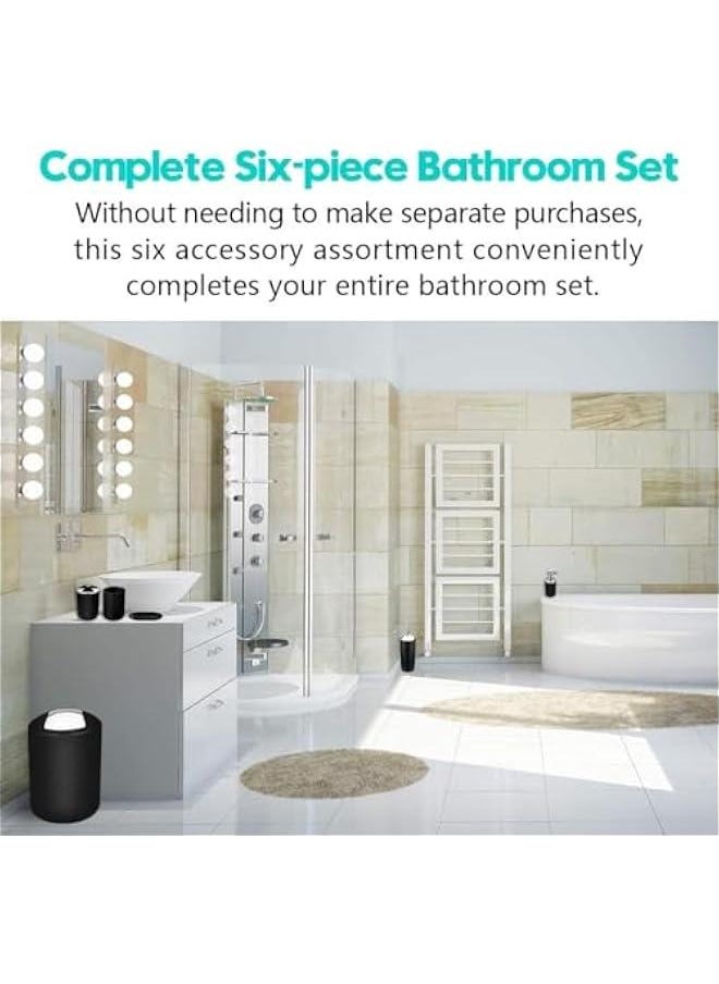 HOOKOR - Bathroom Accessories Set with Tray, 6 Piece Plastic Gift Bath Set with Trash Can, Toilet Brush, Soap Dispenser, Soap Dish, Lotion Set Tumbler Cup (Black) - Image 1