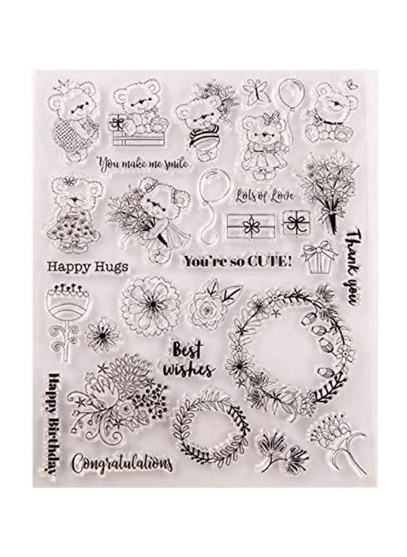 Y&D Transparent Seal, SYOSI 1PC Cute Bear Pattern DIY Stamp Rubber Stamp, Happy Hugs Flower Clear for Card Making Decoration and Scrapbooking 16X20CM  - Image 1