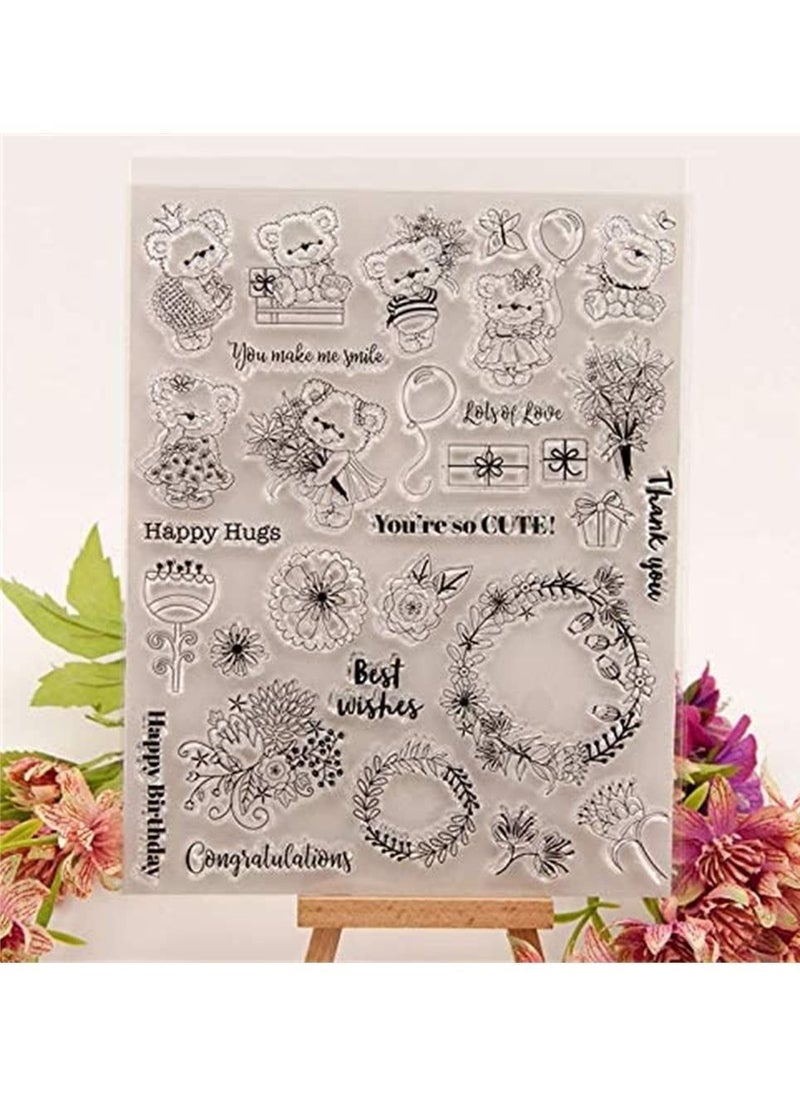 Y&D Transparent Seal, SYOSI 1PC Cute Bear Pattern DIY Stamp Rubber Stamp, Happy Hugs Flower Clear for Card Making Decoration and Scrapbooking 16X20CM  - Image 4