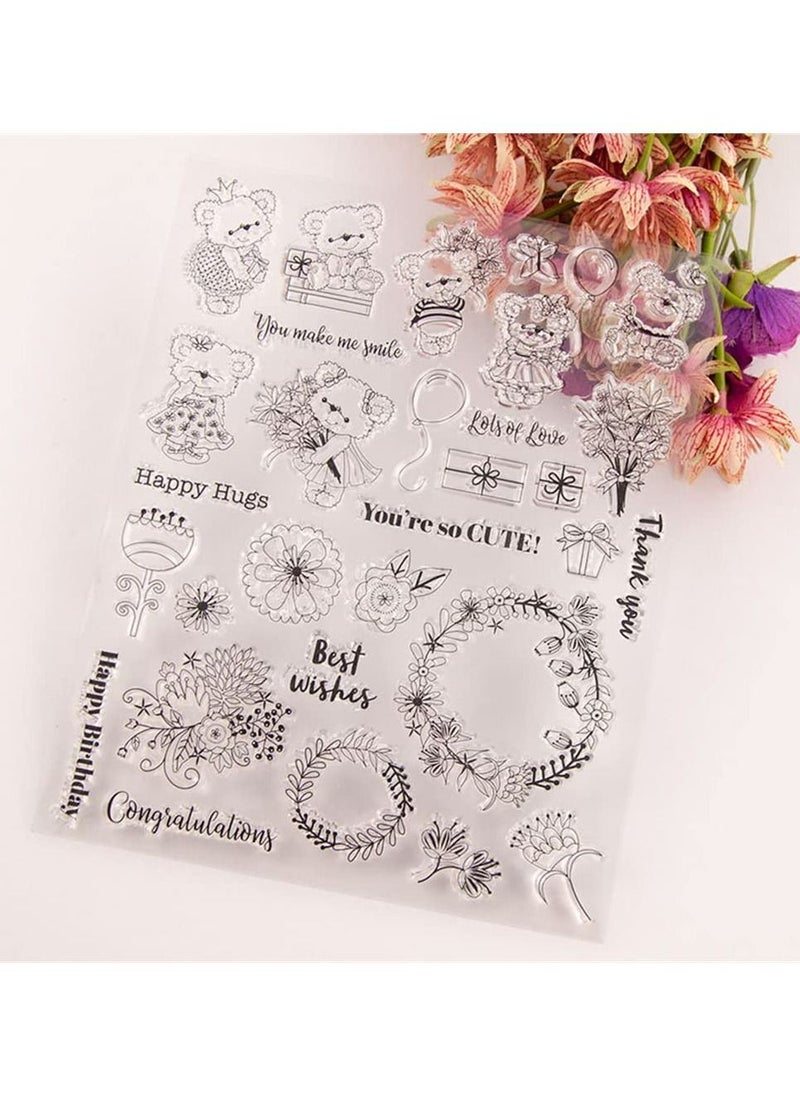 Y&D Transparent Seal, SYOSI 1PC Cute Bear Pattern DIY Stamp Rubber Stamp, Happy Hugs Flower Clear for Card Making Decoration and Scrapbooking 16X20CM  - Image 5