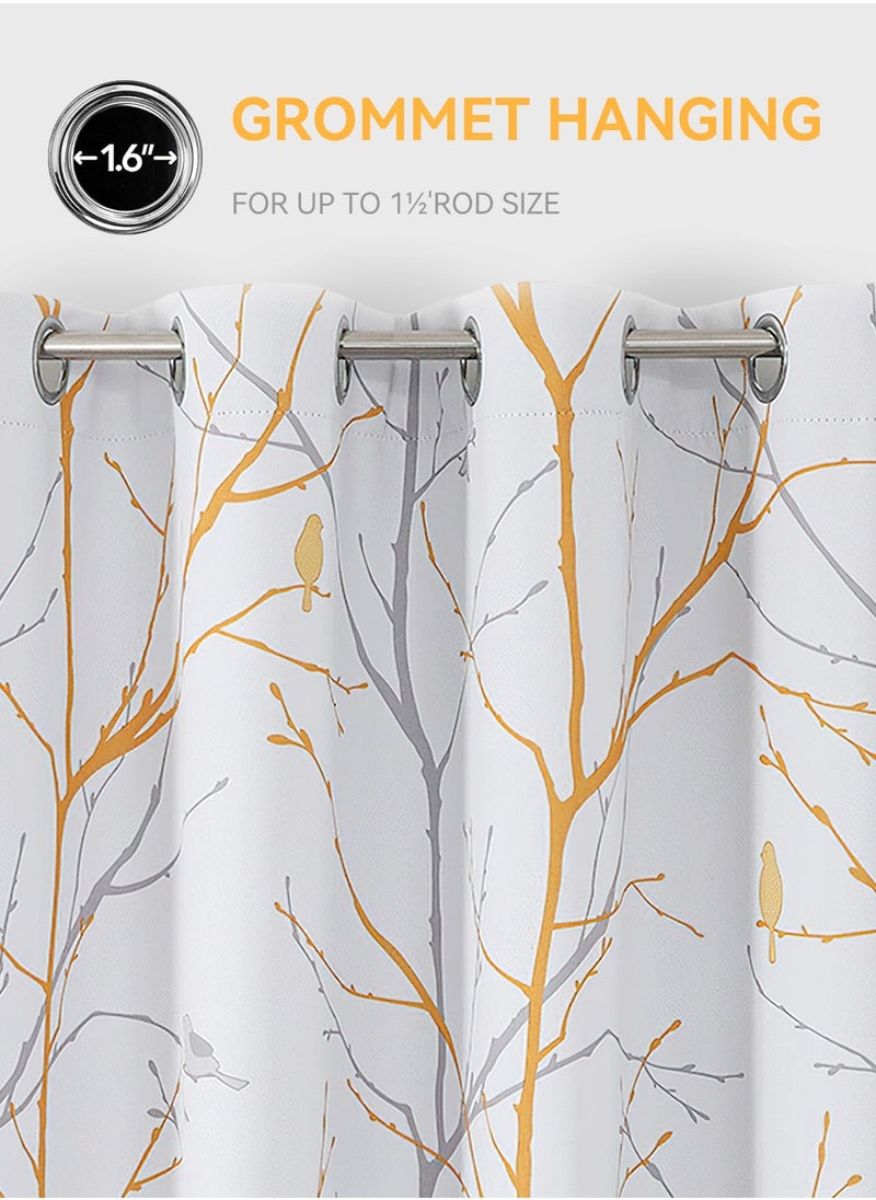 LEOKOR 2 Panels Yellow and Grey Tree Branch Print Window Curtains Thermal Insulated  Darkening Curtains 132*214CM  - Image 4