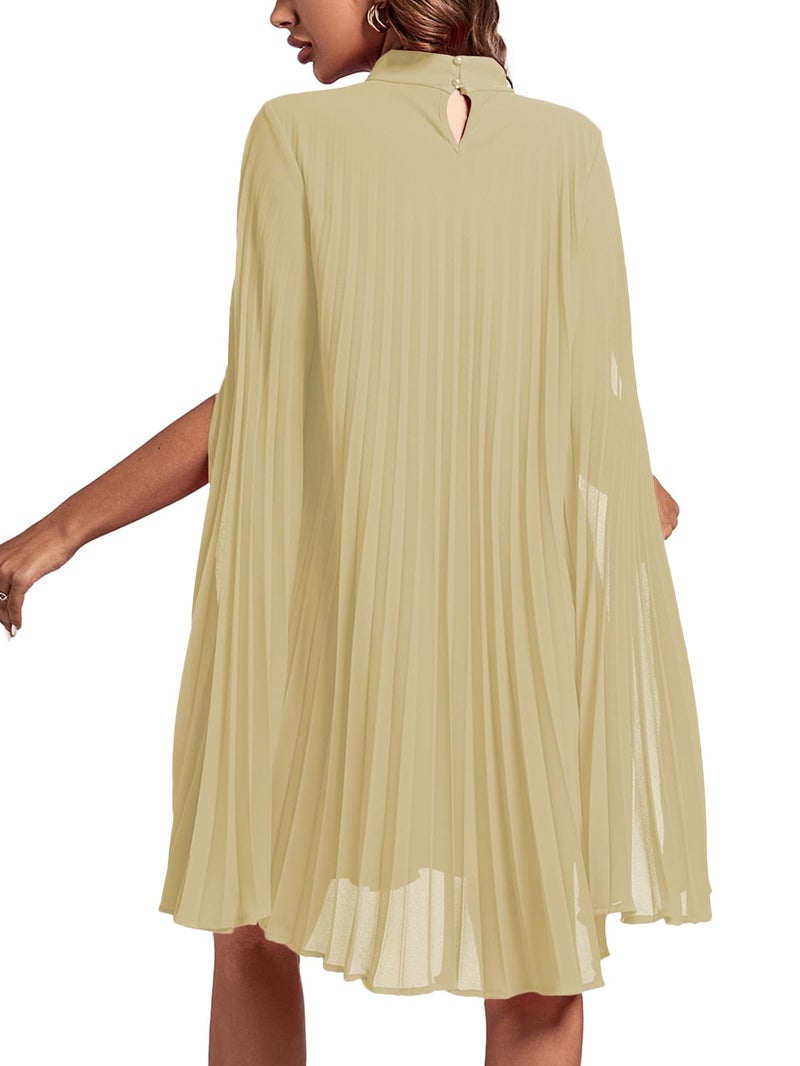 Rooscier Women's Pleated Mock Neck Cloak Sleeve Flowy Keyhole Back Party Midi Dress Beige X-Large - Image 2