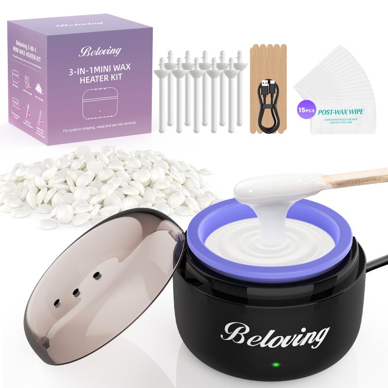 BELOVING Nose Wax Kit, Mini Wax Warmer for Eyebrow Ear Hair Removal, Waxing Kit for Women Men with 100g Beads, 10 Applicators, 10 Nose Sticks, Portable at Home Waxer Melter Machine Kit for Face Waxing - Black - Image 1