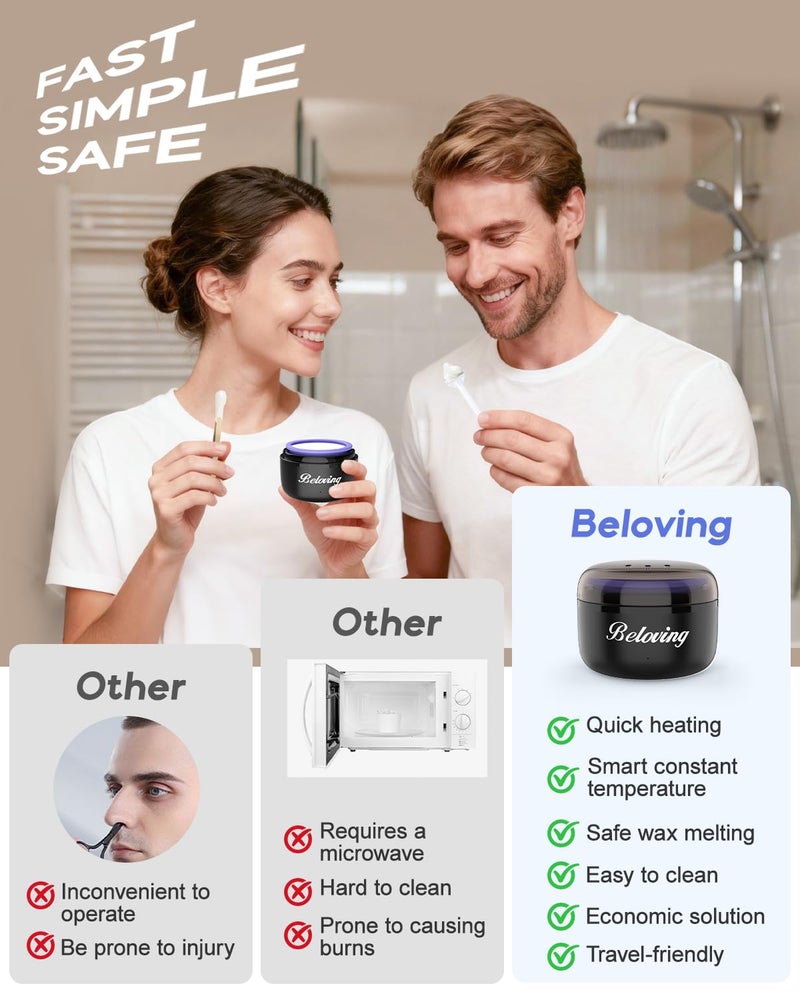 BELOVING Nose Wax Kit, Mini Wax Warmer for Eyebrow Ear Hair Removal, Waxing Kit for Women Men with 100g Beads, 10 Applicators, 10 Nose Sticks, Portable at Home Waxer Melter Machine Kit for Face Waxing - Black - Image 3