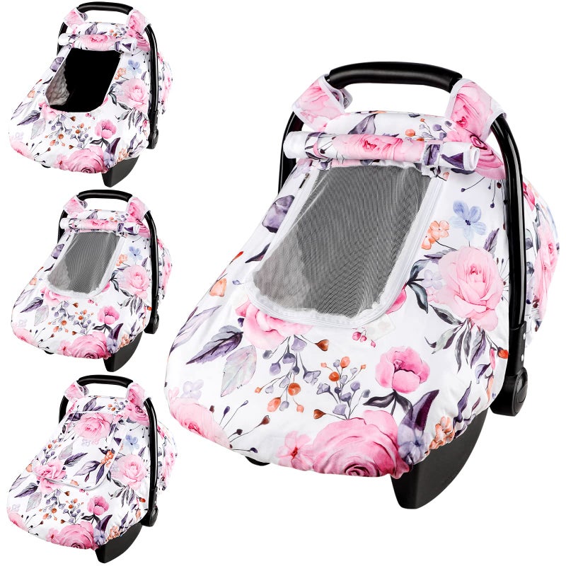 Floral Baby Carseat Cover Girls Pea Pod Infant Car Seat Covers Canopy for Newborn with 2 Layers Windows of Breathable MeshFabric Lightweight PolyesterMinky Dot Backing Snug Fit Most Baby Car Seat