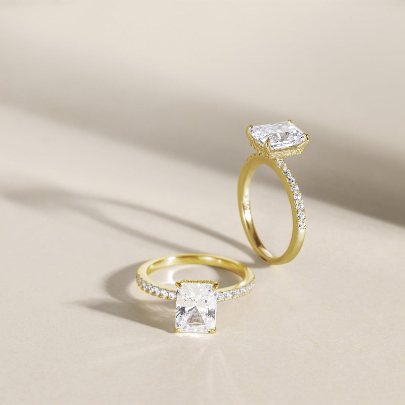 EAMTI 3CT 925 Sterling Silver 14K Gold Plated Engagement Rings Radiant Cut Solitaire Cubic Zirconia CZ Wedding Promise Rings for Her Wedding Band for Women Size 6 - Image 3