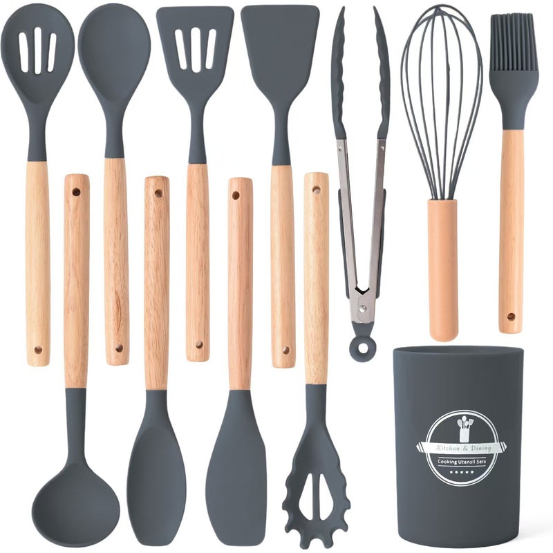 Cross-border wholesale wooden handle silicone kitchenware 12 pieces suit household high temperature resistant cooking silicone spatula soup spoon suit Gray