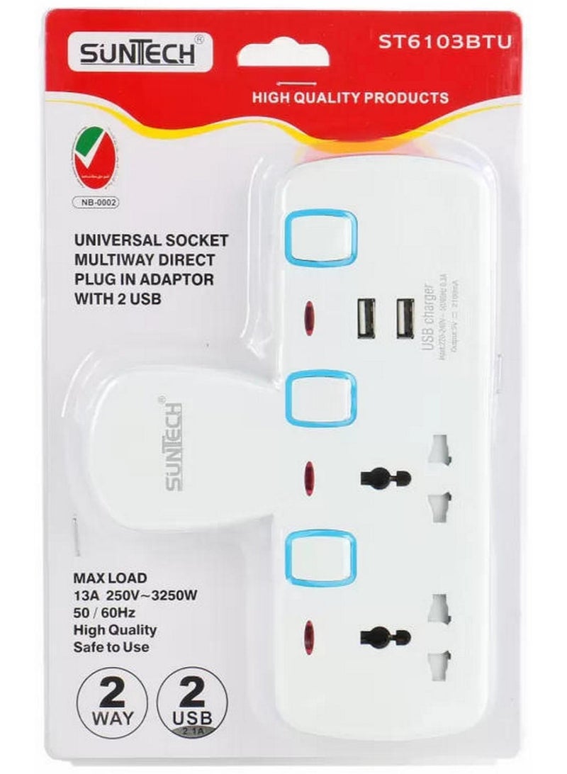 صن تك مقبس عالمي ثنائي الاتجاه مع محول توصيل مباشر بمنفذي USB بقوة 3250 وات - Image 1