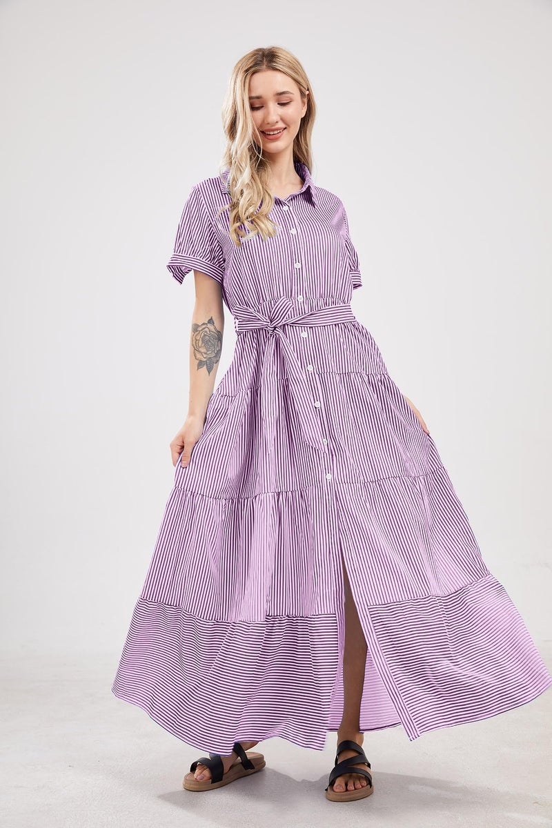utcoco Womens Casual Short Sleeve Button Down Tie Waist Ruffled Striped Maxi Shirt Dress (X-Large, Purple) - Image 2