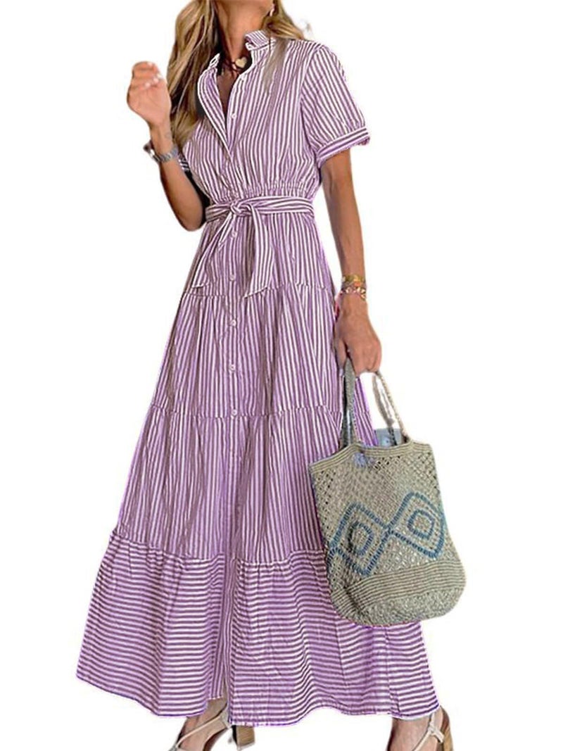 utcoco Womens Casual Short Sleeve Button Down Tie Waist Ruffled Striped Maxi Shirt Dress (X-Large, Purple) - Image 1