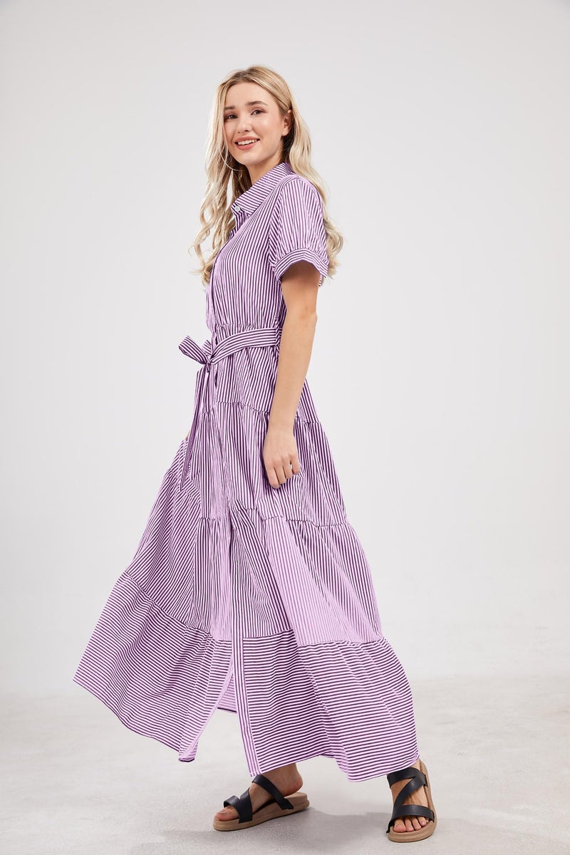 utcoco Womens Casual Short Sleeve Button Down Tie Waist Ruffled Striped Maxi Shirt Dress (X-Large, Purple) - Image 4