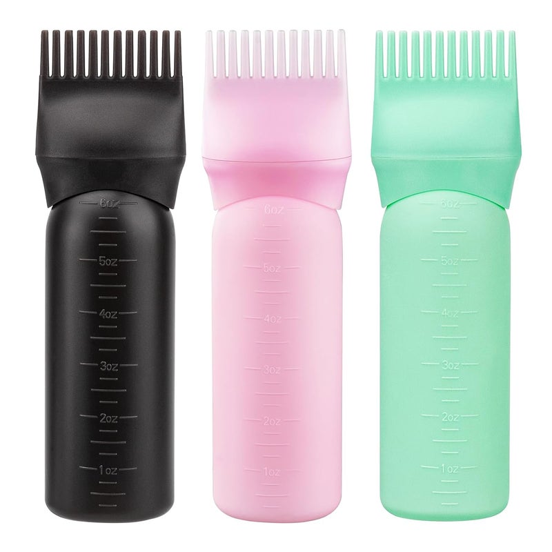 Cosywell Root Comb Applicator Bottle 6 Ounce 3 Pack Hair Oil Applicator Bottle Hair Applicator Brush for Hair Root Comb Color with Graduated Scale(Black Pink Green)