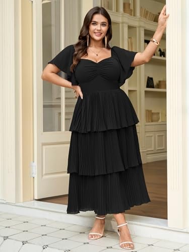 SCOMCHIC Women's Plus Size Formal Wedding Guest Evening Party Dress Short Sleeve Pleated Tiered Chiffon Bridesmaid Dresses Black - Image 4
