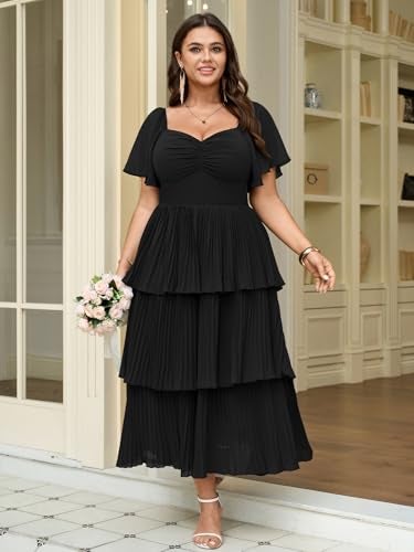 SCOMCHIC Women's Plus Size Formal Wedding Guest Evening Party Dress Short Sleeve Pleated Tiered Chiffon Bridesmaid Dresses Black - Image 2