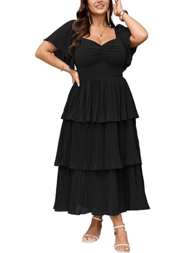 SCOMCHIC Women's Plus Size Formal Wedding Guest Evening Party Dress Short Sleeve Pleated Tiered Chiffon Bridesmaid Dresses Black - Image 1