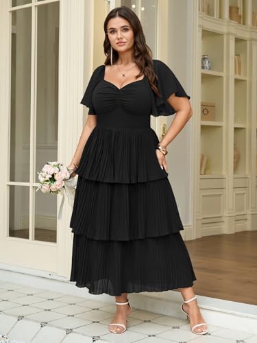 SCOMCHIC Women's Plus Size Formal Wedding Guest Evening Party Dress Short Sleeve Pleated Tiered Chiffon Bridesmaid Dresses Black - Image 3