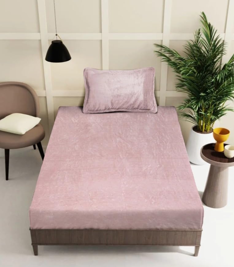S&S Sands® Elastic Warm Bedsheet for Winter Single Bed 36 x 78 x 8 inches, with 1 Pillow Cover. (Light Pink) - Image 1