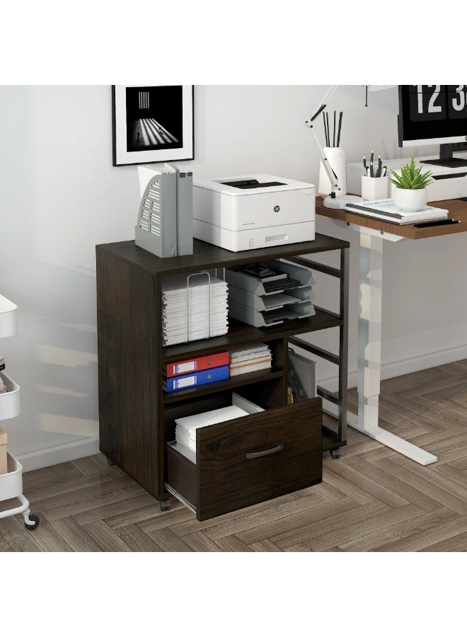 خزانة ملفات متحركة بعجلات، درج واحد ورفوف مفتوحة، خزانة ملفات متحركة، حامل طابعة مع مساحة تخزين، منظم ملفات تحت المكتب للمكتب المنزلي، خشب الجوز، WJG005 - Image 4