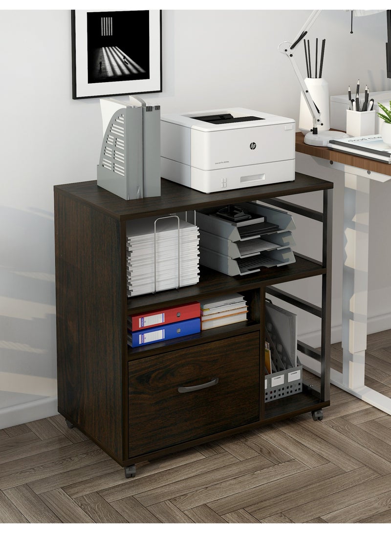 خزانة ملفات متحركة بعجلات، درج واحد ورفوف مفتوحة، خزانة ملفات متحركة، حامل طابعة مع مساحة تخزين، منظم ملفات تحت المكتب للمكتب المنزلي، خشب الجوز، WJG005 - Image 1