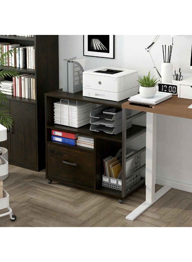 خزانة ملفات متحركة بعجلات، درج واحد ورفوف مفتوحة، خزانة ملفات متحركة، حامل طابعة مع مساحة تخزين، منظم ملفات تحت المكتب للمكتب المنزلي، خشب الجوز، WJG005 - Image 5