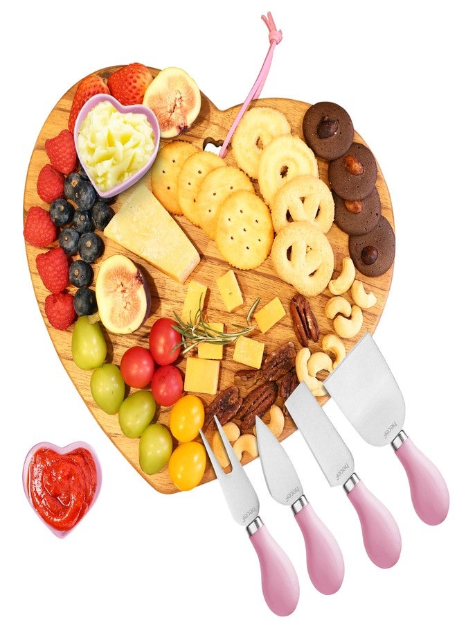 hecef 7pcs Cheese Board Set, Charcuterie Boards Set with Knives & Ceramic Bowls, Heart-shape Serving Board Set for Birthdays, Weddings, Feast, Housewarming(Pink) - Image 1