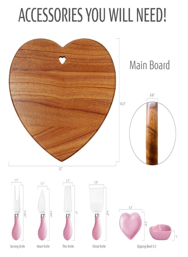 hecef 7pcs Cheese Board Set, Charcuterie Boards Set with Knives & Ceramic Bowls, Heart-shape Serving Board Set for Birthdays, Weddings, Feast, Housewarming(Pink) - Image 3
