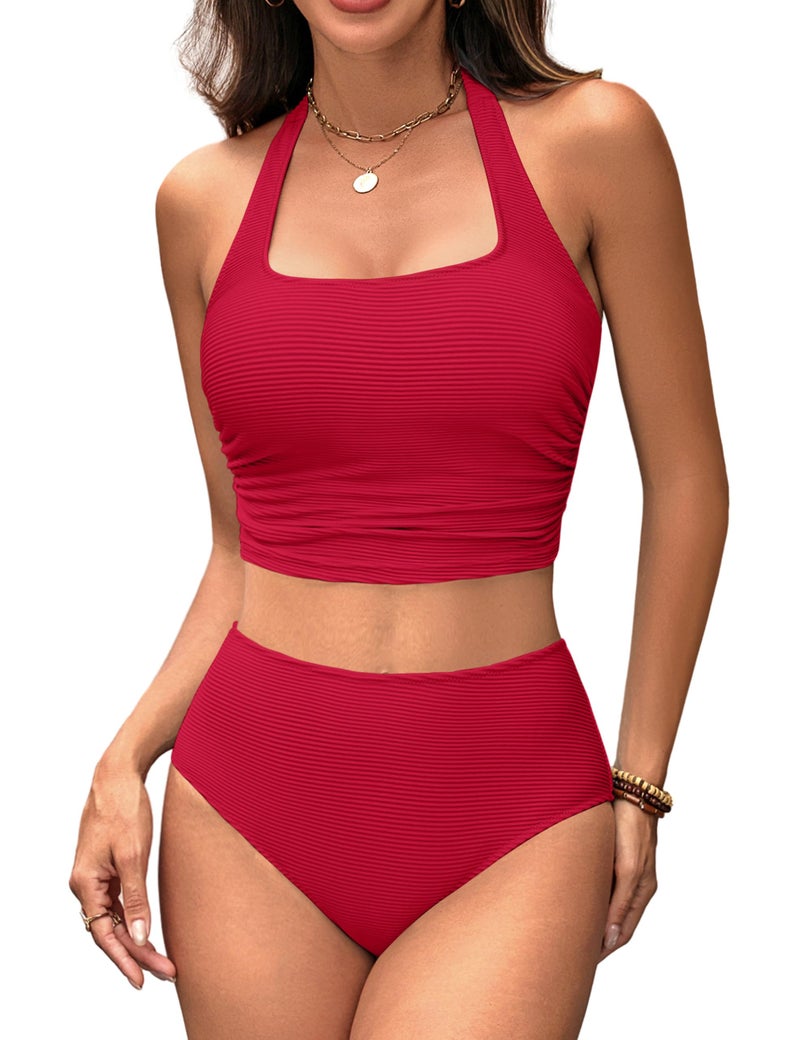 BMJL Womens High Waisted Bikini Sets Ribbed Two Piece Swim Suits Cute Sporty Square Neck Halter Swimwear(L,Red) - Image 1