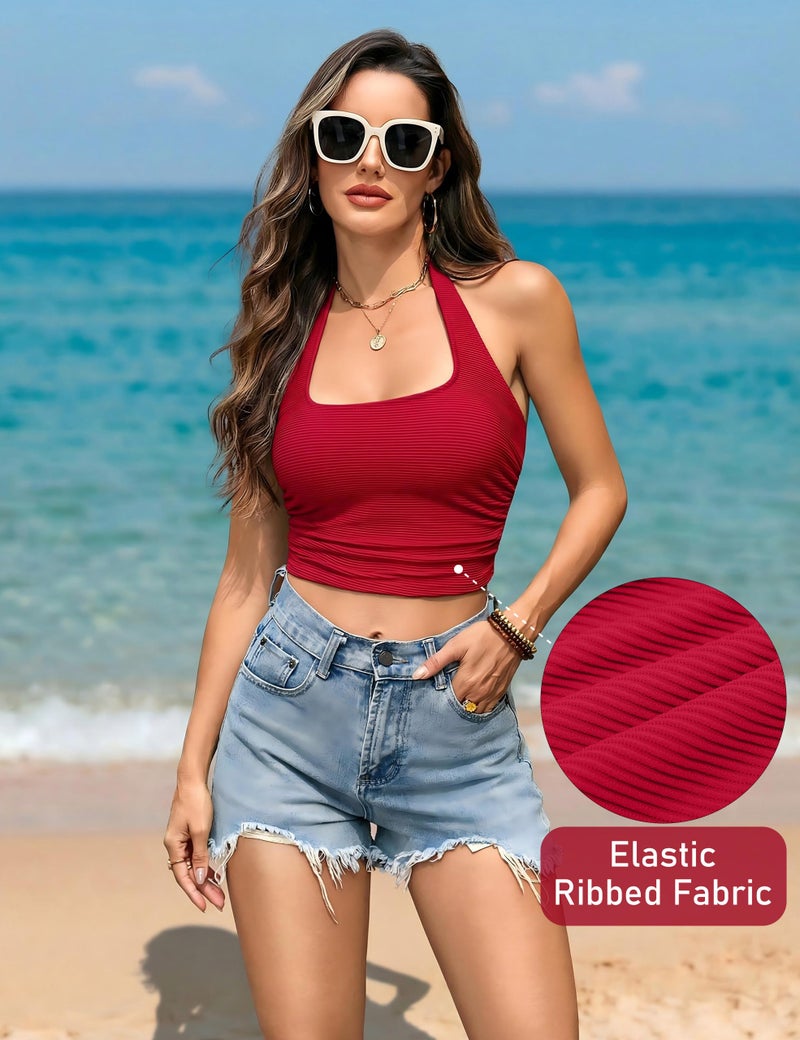 BMJL Womens High Waisted Bikini Sets Ribbed Two Piece Swim Suits Cute Sporty Square Neck Halter Swimwear(L,Red) - Image 5