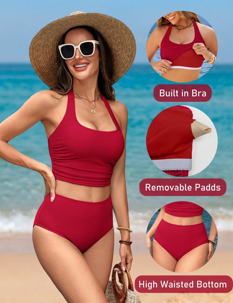 BMJL Womens High Waisted Bikini Sets Ribbed Two Piece Swim Suits Cute Sporty Square Neck Halter Swimwear(L,Red) - Image 4