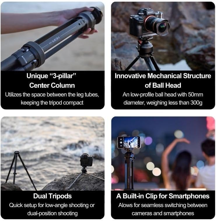 HEIPI Travel Tripod Camera Stand Portable Carbon Fiber Lightweight Tripod 360 Degree Horizontal Panning Vertical Tilting Ball Head Quick-Release Arca-Swiss Mount - W28S (with KF50-Q) - Image 3