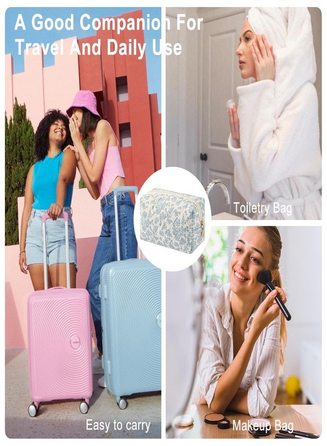 حقيبة مكياج صغيرة مبطنة من Gleyemor للنساء، حقيبة مستحضرات تجميل لطيفة مزينة بفيونكة زهرية، حقيبة طوارئ للسفر، حقيبة قطنية لأدوات النظافة، هدية مثالية للفتيات، الأم، الصديقة، الأخت، وصيفة العروس، لون أزرق مزهر 02 - Image 5