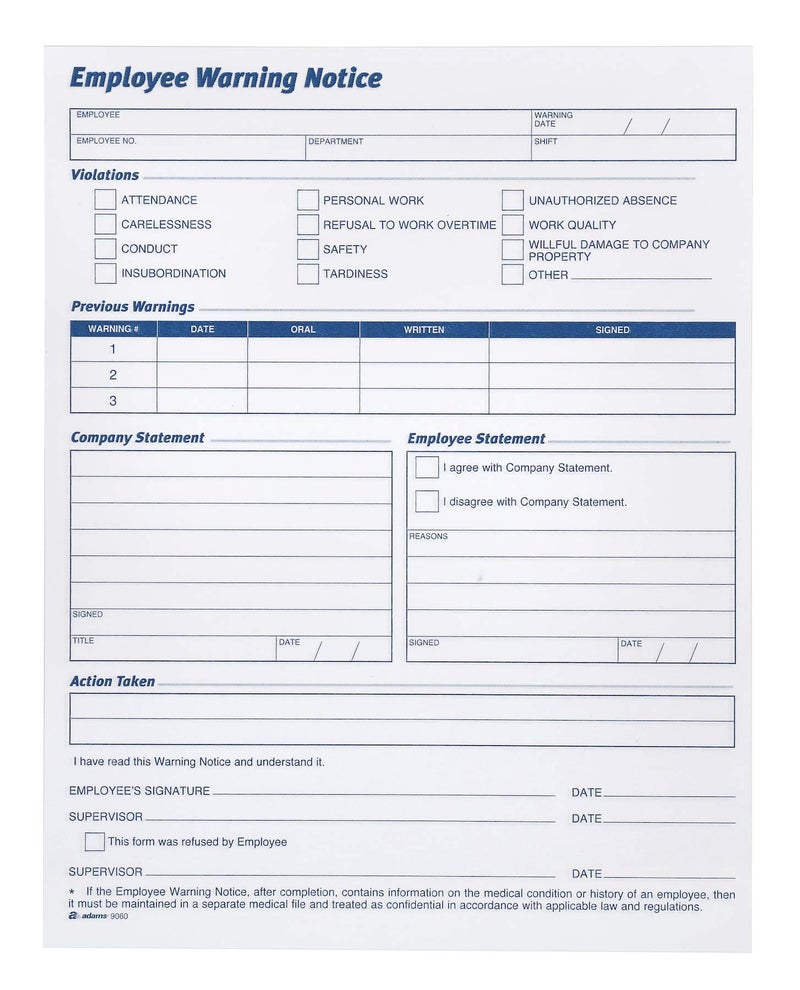 Adams Employee Warning Notice Form, 8.5 x 11 Inches, 2 Pads of 50 Forms, 100 Total forms, 1-Part Each (9060) , White - Image 1