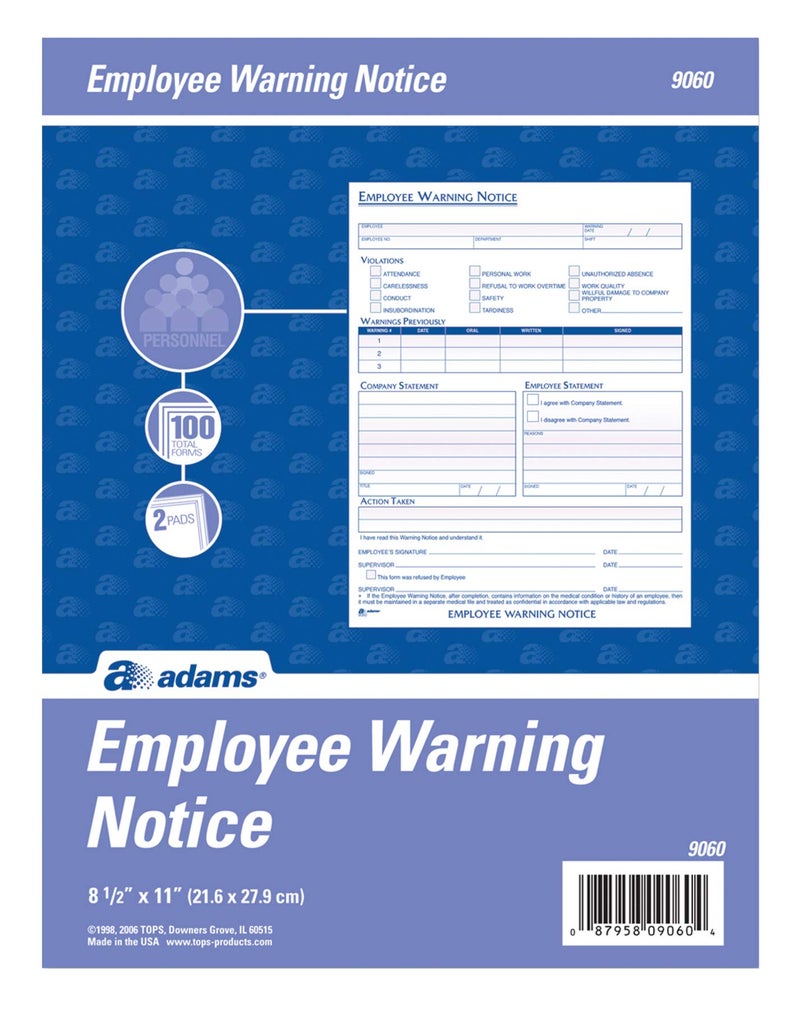 Adams Employee Warning Notice Form, 8.5 x 11 Inches, 2 Pads of 50 Forms, 100 Total forms, 1-Part Each (9060) , White - Image 3
