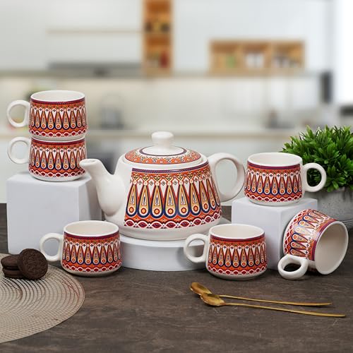 CRAF10 Handcrafted Ceramic Color Bliss Teapot Cup Set - 1 Kettle (1 Litre) & 6 Cups (160 ML), Elegant, Microwave & Dishwasher Safe | Morning Set | Tea Sets with Kettle for Gifting - Image 1