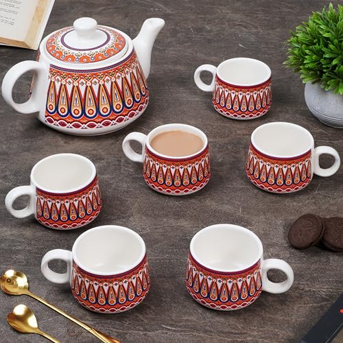 CRAF10 Handcrafted Ceramic Color Bliss Teapot Cup Set - 1 Kettle (1 Litre) & 6 Cups (160 ML), Elegant, Microwave & Dishwasher Safe | Morning Set | Tea Sets with Kettle for Gifting - Image 2