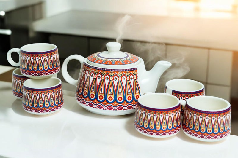 CRAF10 Handcrafted Ceramic Color Bliss Teapot Cup Set - 1 Kettle (1 Litre) & 6 Cups (160 ML), Elegant, Microwave & Dishwasher Safe | Morning Set | Tea Sets with Kettle for Gifting - Image 3